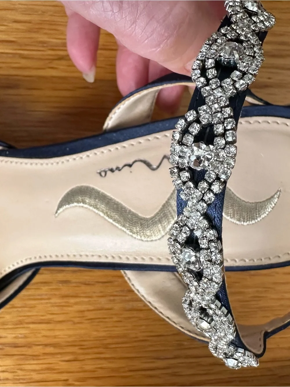Nina Navy Pointed Toe Slingback Heels with Rhinestone T-Strap - Picture 4 of 5